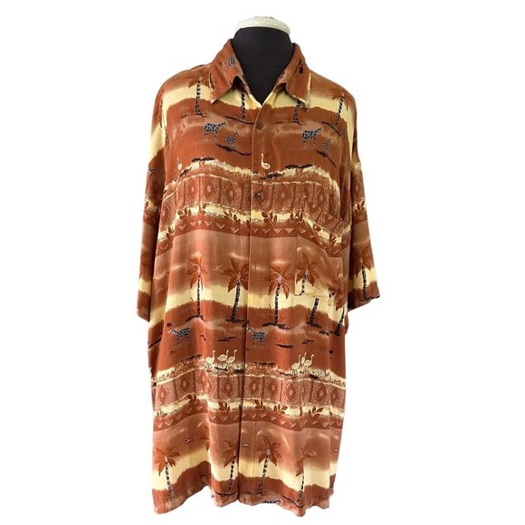 African Print Button Down Shirt Men's XL Safari Giraffe Palm Tree Hawaiian Style - Picture 1 of 7